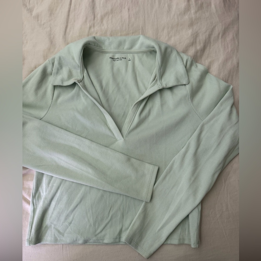 Abercrombie & Fitch Soft A&F Rib long-sleeved collar top in a light green color